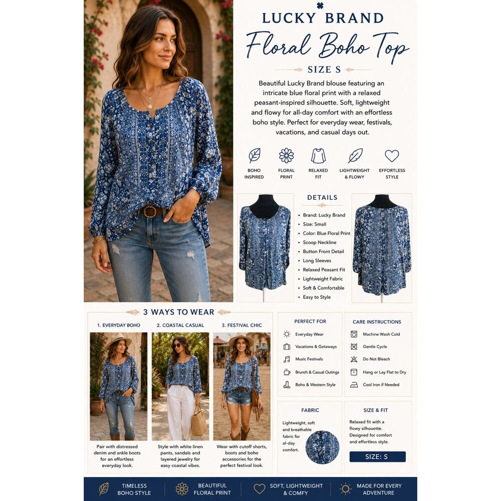 Lucky Brand Floral Boho Top Blue Peasant Blouse Long Sleeve Womens S